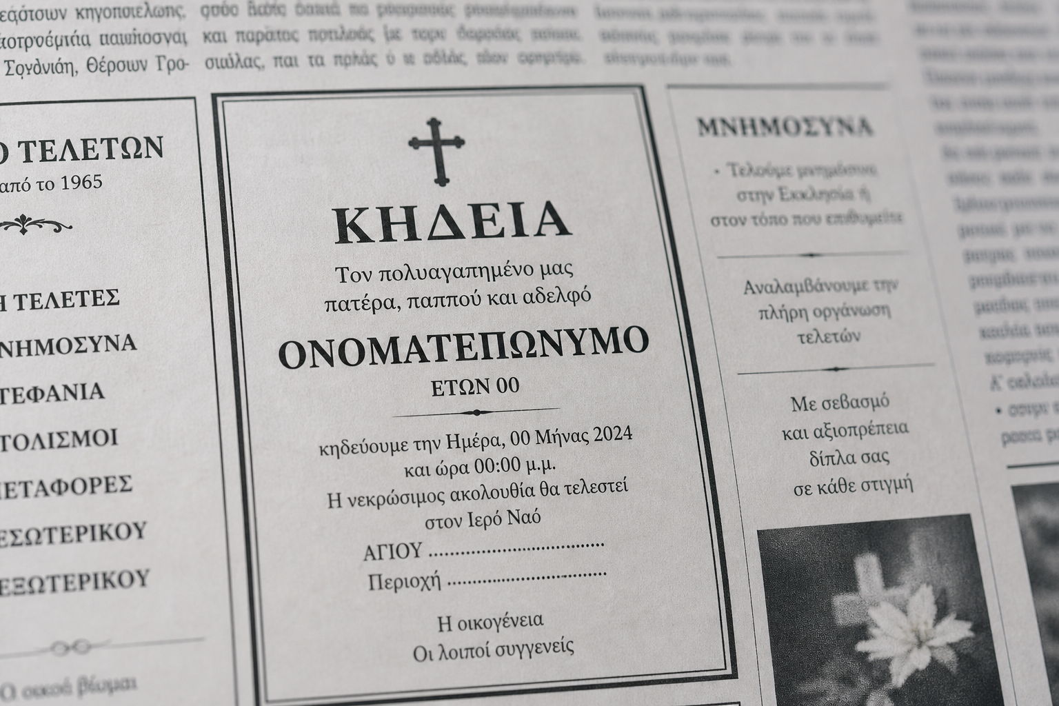 Εφημερίδα για δημοσίευση αγγελίας θανάτου