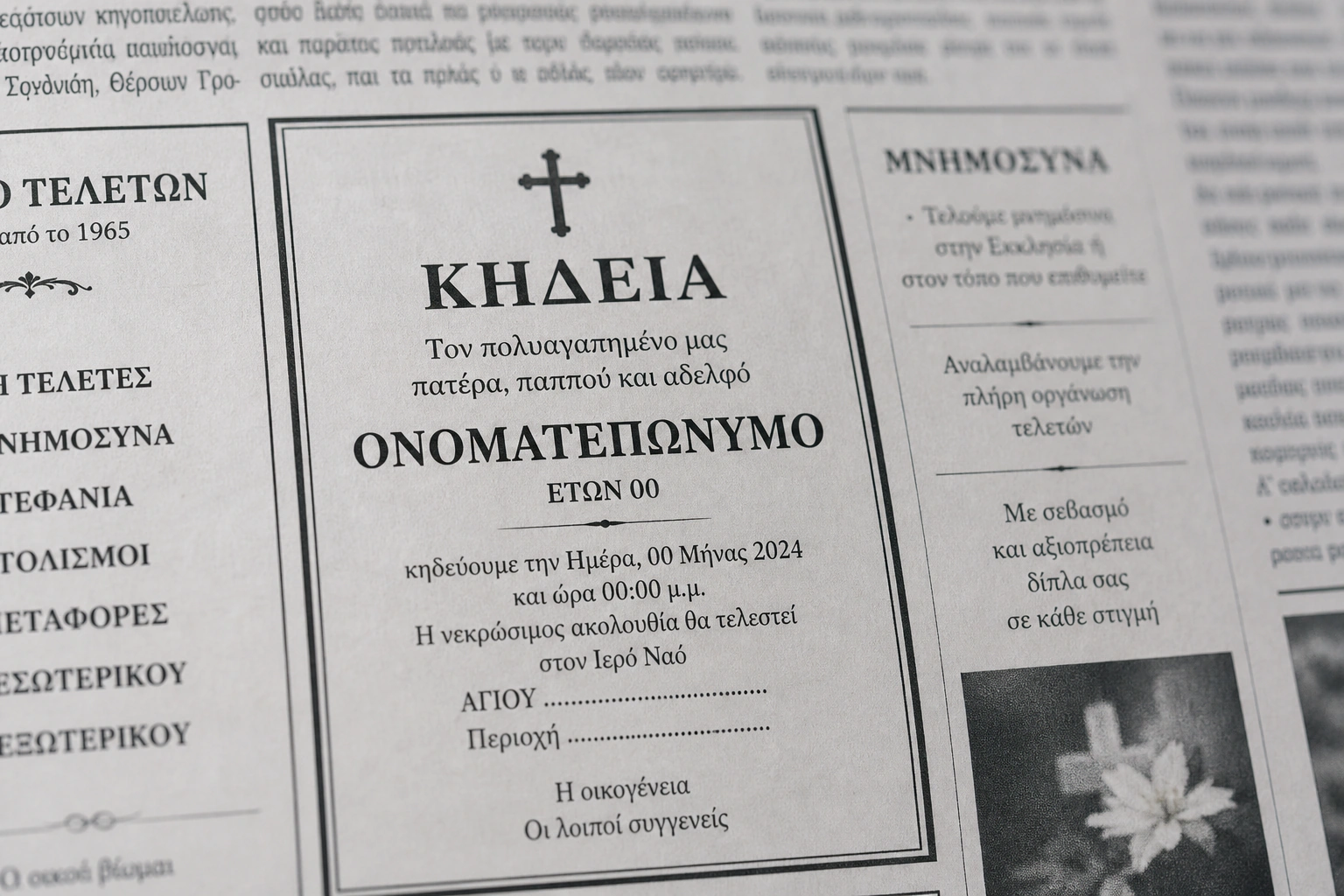 Εφημερίδα για δημοσίευση αγγελίας θανάτου