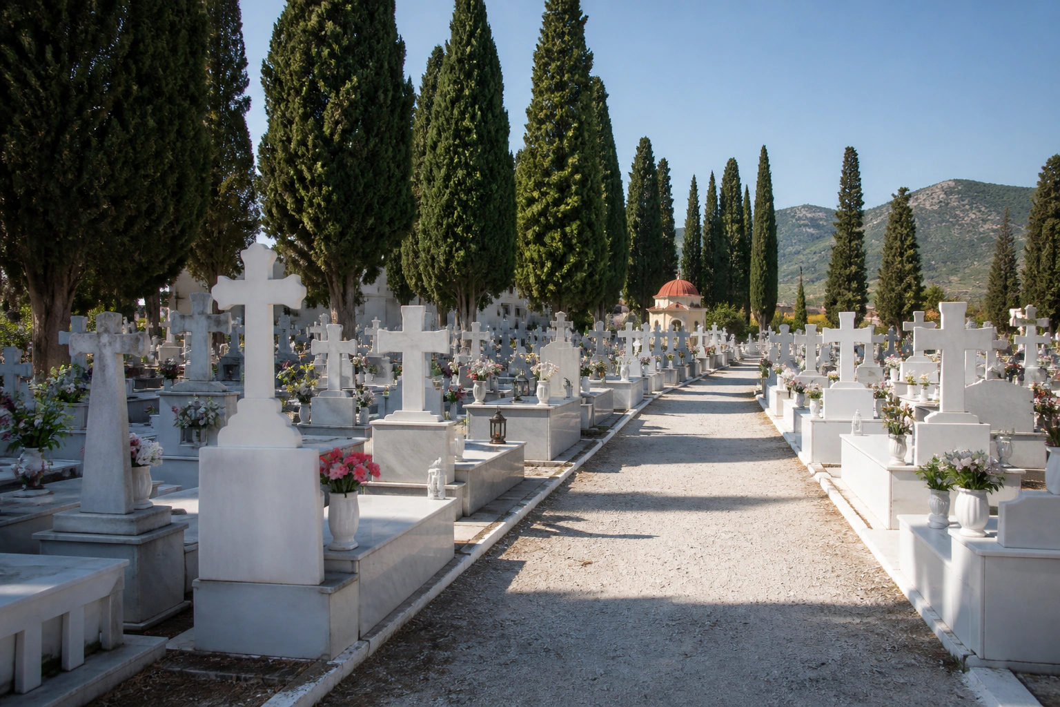 Κοιμητήριο με κυπαρίσσια και μαρμάρινους σταυρούς στην περιοχή της Ξάνθης