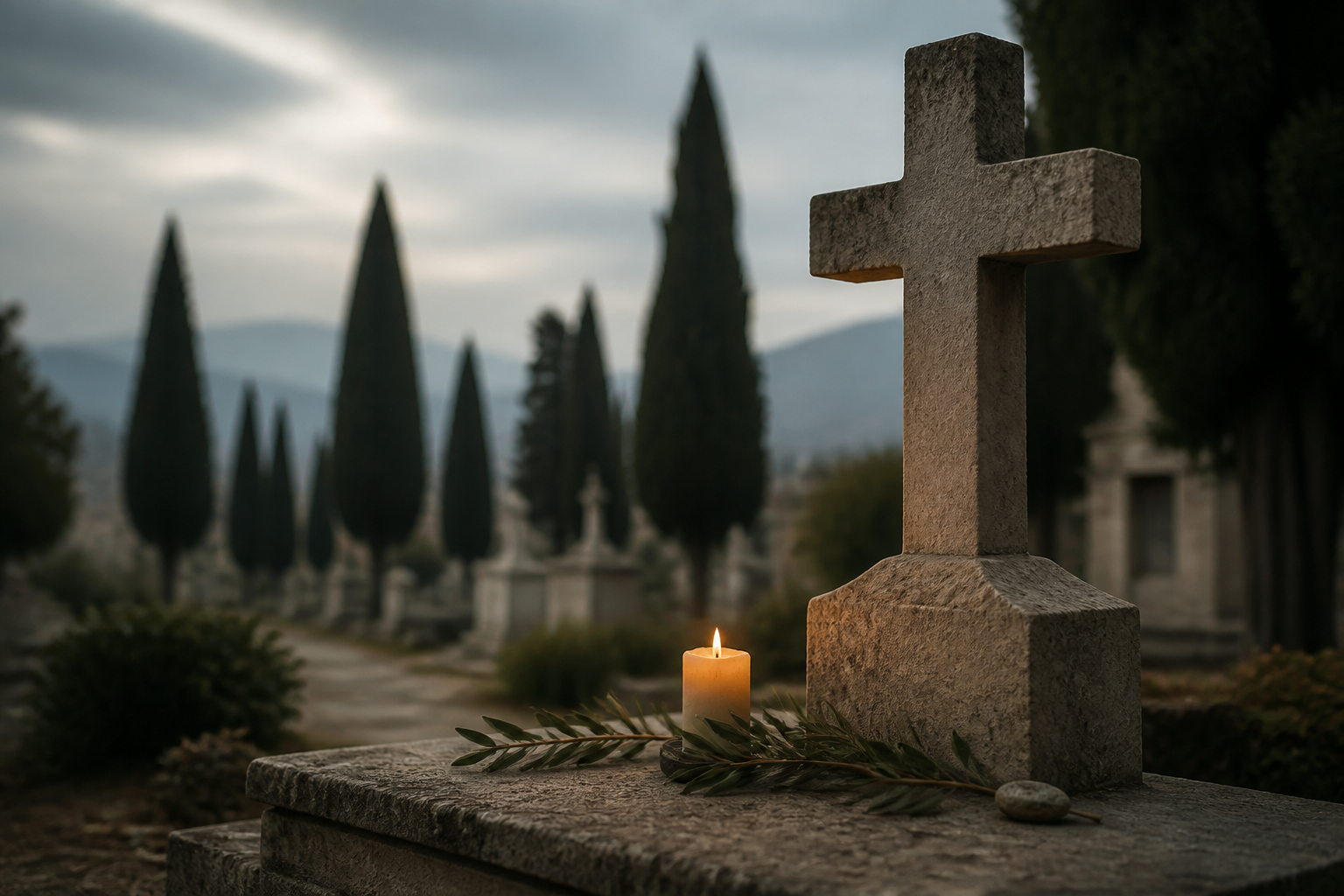 Κερί και σταυρός σε ήσυχο κοιμητήριο κατά το τρισάγιο